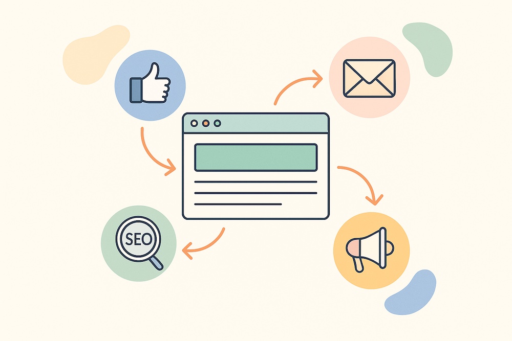 Schématisation d'un écosystème digital cohérent : site web, SEO, SEA, réseaux sociaux et email marketing