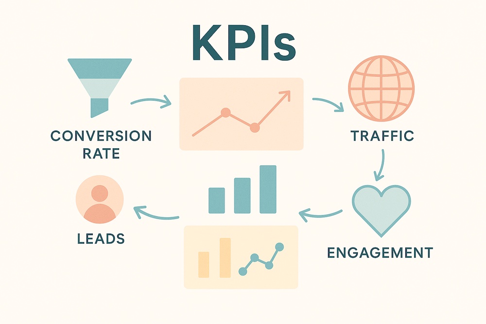 Tableau de bord analytics avec KPI digitaux : trafic, conversion, coût par lead